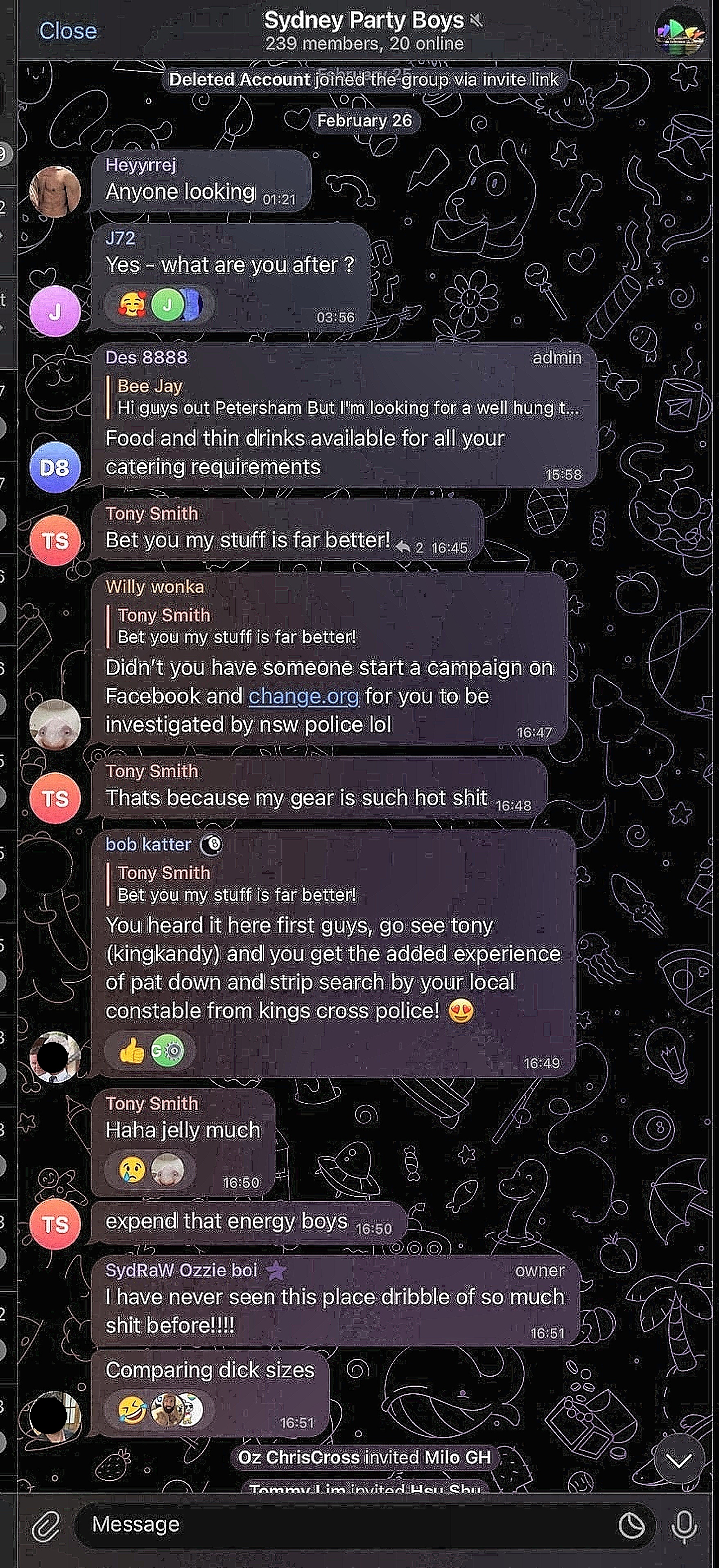 Sydney Party Boys Telegram group showing account named Tony Smith selling drugs while group members reference Anthony Smith's campaign to get police to investigate